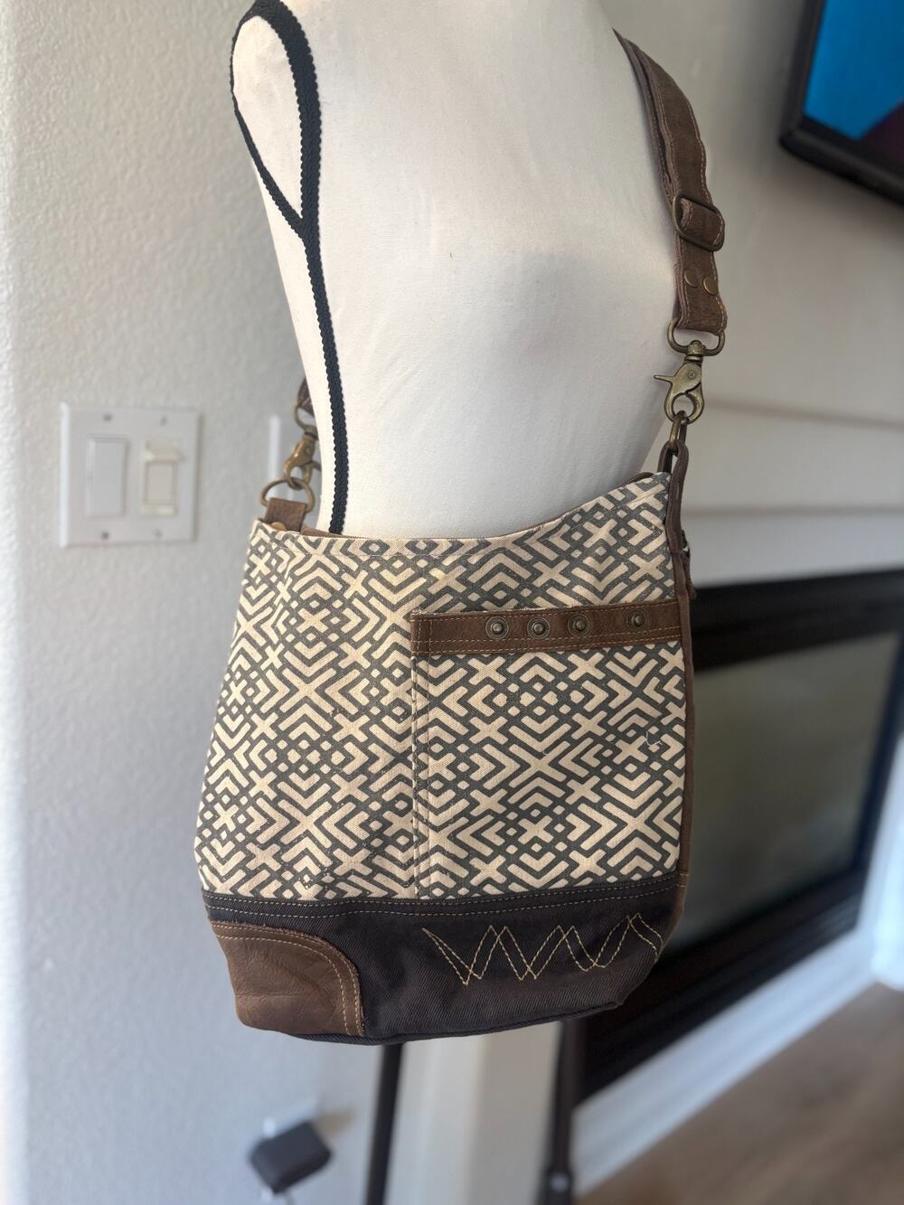 Myra Bag X Design Canvas Leather Crossbody Purse Geometric Boho Shoulder S-0951